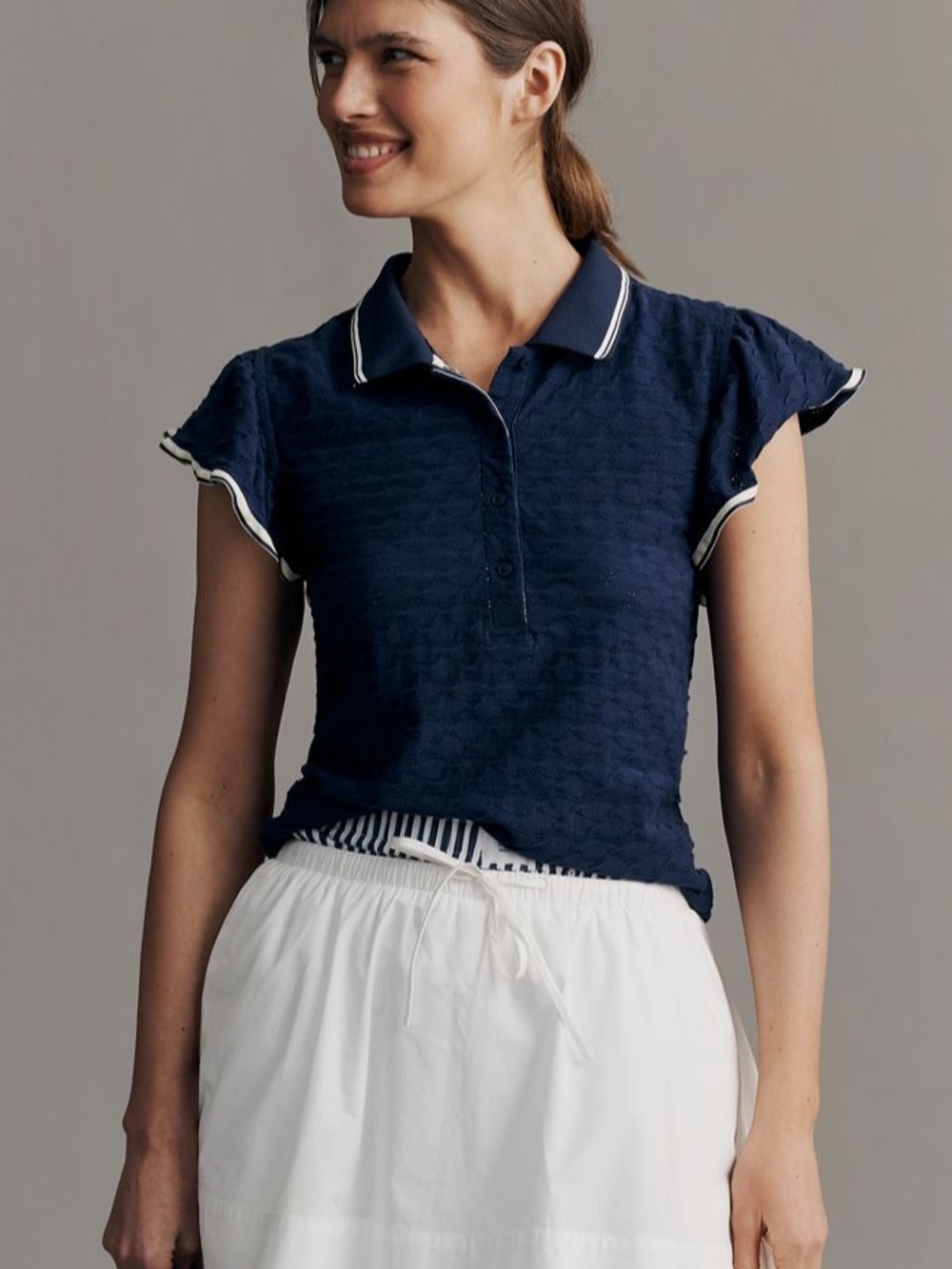 Anthropologie Maeve Flutter Sleeve Polo Top Navy Blue Grosgrain ribbon trim